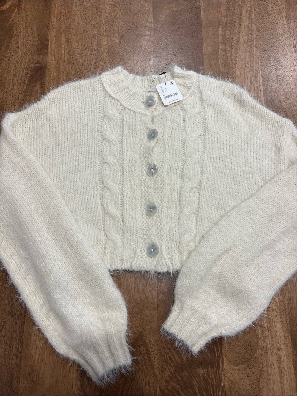 Free People Ivory Cable Knit Button-Front Cardigan